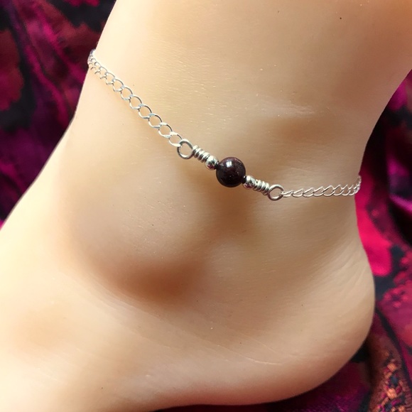 Garnet Sterling Silver Ankle Bracelet- Genuine Garnet Anklet - Picture 2 of 5